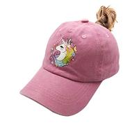 Girls' Cute Unicorn Ponytail Cap, Adjustable High Buns Baseball Dad Hat for 3-12 Years Pink