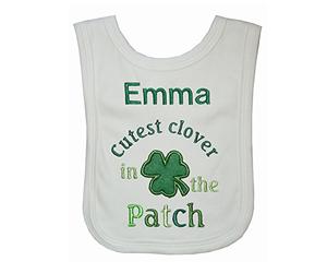 Girls Cutest Clover St Patrick’s Day Personalised Bib Handmade in The UK with Embroidered Name (St Pats 2) (White)
