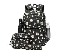 Girl's Daisy Backpack - 3 Piece Pencil Case with Bowl | Cute Primary College School Bag | Lightweight Nylon Daily Bag, Pouch Included School Travel, Black, Se référer à la description, Refer to