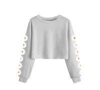 Girls Daisy Print Cropped Sweatshirt Long Sleeve Floral Crewneck Pullover Top - Soft Casual Wear for School, Party, Day Out - Ages 4-13 Years Light Gray