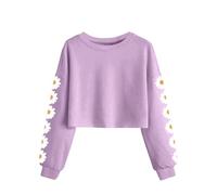Girls Daisy Print Cropped Sweatshirt Long Sleeve Floral Crewneck Pullover Top - Soft Casual Wear for School, Party, Day Out - Ages 4-13 Years