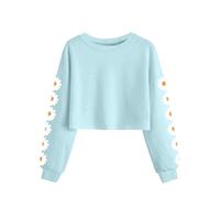 Girls Daisy Print Cropped Sweatshirt Long Sleeve Floral Crewneck Pullover Top - Soft Casual Wear for School, Party, Day Out - Ages 4-13 Years Light Blue