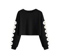 Girls Daisy Print Cropped Sweatshirt Long Sleeve Floral Crewneck Pullover Top - Soft Casual Wear for School, Party, Day Out - Ages 4-13 Years Black