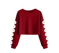 Girls Daisy Print Cropped Sweatshirt Long Sleeve Floral Crewneck Pullover Top - Soft Casual Wear for School, Party, Day Out - Ages 4-13 Years Red
