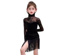 Girls Dance Competition Dress Velvet Long Sleeved Split Latin Dance Clothes Salsa Costume Ballroom Tango Show Party Dresses,Black,130