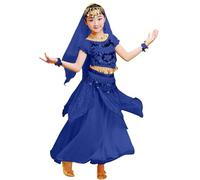 Girls Dance Costume Sequin Performance Outfit Long Sleeve Tutu Dress Set for Stage Show Party Carnival Spring Summer (a-Dark Blue, 5-6 Years)