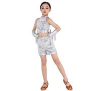 Girls Dance Outfit Sleeveless Top Shorts Fringe Arm Sleeves 3 Piece Set Performance Costume Summer Elastic Waist for Kids 3-12 Years (Silver, 3-4 Years)