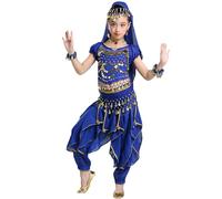 Girls Dance Performance Outfit Glitter Stage Costume Long Pants Short Sleeves Waist Chain Scarf Necklace Summer Show Ages 3-12 Years (Blue, 9-10 Years)