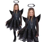Smiffys Girls Dark Angel Halloween Costume Black Fallen Angel Dress with Wings and Halo Gothic Fancy Dress Outfit for Kids Trick or Treat Devil Fairy Demon Party Look, Age 7-9