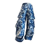 Girls Denim Cargos Tie Dye Jeans Boys Hip Hop Camouflage Jeans Kids Elasticated Waist Trousers with Pockets Teens High Waisted Pants Cargo Jeans (Blue, 8-9 Years)