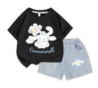 Girls' Denim Shorts, Girls' Short-Sleeved T-Shirt, Cute Children's Korean Version of The Summer Set, Cotton Trend Fashion,Black,150cm