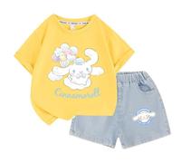 Girls' Denim Shorts, Girls' Short-Sleeved T-Shirt, Cute Children's Korean Version of The Summer Set, Cotton Trend Fashion,Yellow,150cm