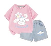 Girls' Denim Shorts, Girls' Short-Sleeved T-Shirt, Cute Children's Korean Version of The Summer Set, Cotton Trend Fashion,Pink,150cm