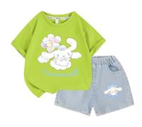 Girls' Denim Shorts, Girls' Short-Sleeved T-Shirt, Cute Children's Korean Version of The Summer Set, Cotton Trend Fashion,Green,100cm