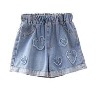 Girls Denim Shorts High Elastic Waist Cute Heart Patchwork Jorts Wide Leg Loose Fit Y2K Trendy Casual Jean with Pocket Kids Summer School Comfy Preppy Blue