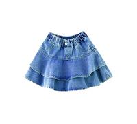 Girls Denim Skirt A-Line Ruffled Hem Flared Dress with Pocket Teens Button Summer Elastic Waist Mini Skirt Kids Fashion Spring Casual Solid Colour Dresses