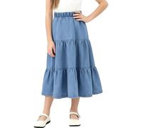 Girls Denim Skirt Casual Solid Elastic High Waist Pleated Long Swing Midi Jean Skirt with Ruffle Hem Light Blue 9-10 Years