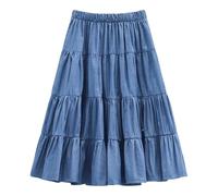 Girl's Denim Skirt with Ruffle Hem | Elasticated Waist A-Line Midi Length | Casual Summer Outfits for Ages 5-12 Years Breathable Stretchy Jean Style