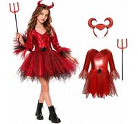 Girls Devil Costume Girls Halloween Costume Kids Devil Costumes Devils Fancy Dress Halloween 3 Pcs Set With Horn Headband & Trident Kids Halloweens Party Outfit For Girl 3-12 Years