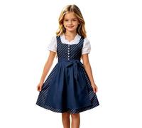 Girls Dirndl Dress with Apron and Bow, Bavarian Style | white puff sleeve blouse, black polka dot bodice and skirt, grey apron with tie bow, button front closure, knee length