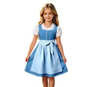Girls Dirndl Dress with Apron and Bow, Bavarian Style | white puff sleeve blouse, black polka dot bodice and skirt, grey apron with tie bow, button front closure, knee length