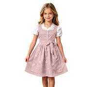 Girls Dirndl Dress with Blouse, Green Floral Apron and Ribbon Bow | white puff sleeve blouse, button-front bodice, green floral embroidered apron, detachable ribbon sash, Bavarian style costume