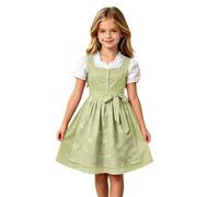 Girls Dirndl Dress with Blouse, Green Floral Apron and Ribbon Bow | white puff sleeve blouse, button-front bodice, green floral embroidered apron, detachable ribbon sash, Bavarian style costume