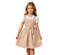 Girls Dirndl Dress with Blouse, Green Floral Apron and Ribbon Bow | white puff sleeve blouse, button-front bodice, green floral embroidered apron, detachable ribbon sash, Bavarian style costume