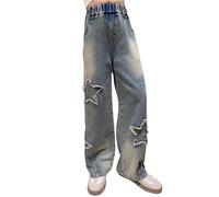 Girls Distressed Jeans Baggy Sweatpants for Kids High Waisted Wide Leg Jeans Y2K Star Print Straight Leg Denim Pants Trendy Clothes for Teen Girls (Blue, 7-8 Years)
