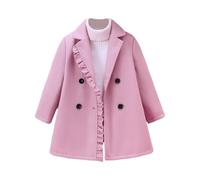 Girls Double Breasted Wool Blend Coat - Wool Blend Ruffled Trim Princess Trench Jacket ，Long sleeved V-neck Hoodless Outerwear for Kids