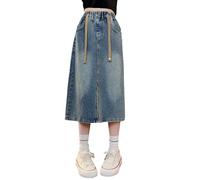 Girls Drawstring Elastic High Waist A Line Skirt Split Front Long Denim Skirts with Pockets for Kids 5 to 13 Years (Blue, 13 Years)