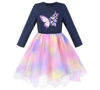 Girls Dress Blue Rainbow Gradient Butterfly Princess Tulle Long Sleeve Age 6 Years