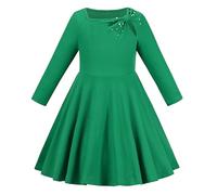 Girls Dress Green Ribbed Knit Square Neck Pearl Knot Casual Winter Long Age 12 Years