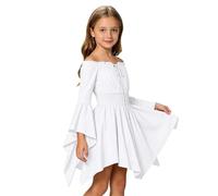 Girls Dress Plain Off the Shoulder Dresses Halloween Pirate Dress | Bell Sleeve, Elasticated Neck, Fit and Flare Waist, Asymmetric Hem, Stretchy Flower Girl Outfit for Birthday Wedding Party