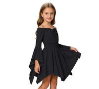 Girls Dress Plain Off the Shoulder Dresses Halloween Pirate Dress | Bell Sleeve, Elasticated Neck, Fit and Flare Waist, Asymmetric Hem, Stretchy Flower Girl Outfit for Birthday Wedding Party