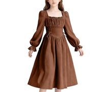Girls Dress Renaissance Vintage Medieval Retro Dresses Long Sleeve Square Neck Victorian Elegant Photo Under Dress Daily Party Wedding Solid Casual Dresses 8-15 Years Brown