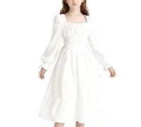 Girls Dress Renaissance Vintage Medieval Retro Dresses Long Sleeve Square Neck Victorian Elegant Photo Under Dress Daily Party Wedding Solid Casual Dresses 8-15 Years White