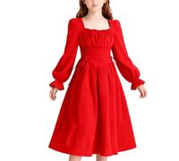 Girls Dress Renaissance Vintage Medieval Retro Dresses Long Sleeve Square Neck Victorian Elegant Photo Under Dress Daily Party Wedding Solid Casual Dresses 8-15 Years Red