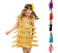Girls Dress Sequins Fringe Latin Dance Dress Tassel Tango Dress Ballroom Costume with Feather Headband Toddler Girl Dress Ballroom Dancing Dresses Crew Neck Kids Dancewear Dance (Yellow, 7-9 Years)
