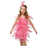 Girls Dress Sequins Fringe Latin Dance Dress Tassel Tango Dress Ballroom Costume With Feather Headband Toddler Girl Dress Ballroom Dancing Dresses Crew Neck Kids Dancewear Dance Outfits (7-9 Years)