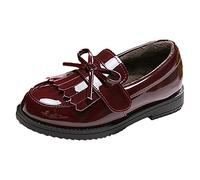 Girls Dress Shoes Kid Slip on Oxford Wedding Church Dress Microfiber School Uniform Loafer Flats Wine Red Fur,1.5
