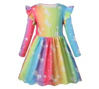 Girls Dress, Soft Twirly Stretchy Casual Dress with Pockets Ruffle Long Sleeve for Toddler/Little/Big Kid Girls Clothing Rainbow Unicorn 8T