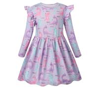 Girls Dress, Soft Twirly Stretchy Casual Dress with Pockets Ruffle Long Sleeve for Toddler/Little/Big Kid Girls Clothing Lavender Dinosaurs 6T