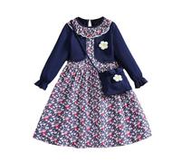 Girls Dresses: 2-in-1 Ditsy Floral Long Sleeve with Crochet Flower & Mini Crossbody Bag - Perfect Party Dress for Kids, Girls Outfits & Clothing Sets, Ages 3-10 Years (Navy, 4-5 Years)