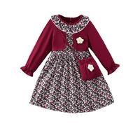 Girls Dresses: 2-in1 -Ditsy Floral Long Sleeve with Crochet Flower & Mini Crossbody Bag - Perfect Party Dress for Kids, Girls Outfits & Clothing Sets, Ages 3-10 Years (Red, 9-10 Years)
