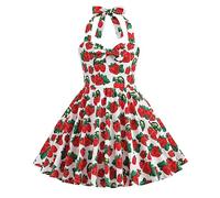 Girls' Dresses 40s 50s Vintage 1950s Rockabilly Kids Summer Sleeveless Halter Bowknot A-line Pleated Swing Wedding Bridesmaid Birthday Party Evening Prom Flower Girl Dress Strawberry 11-12 Years