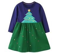 Girls Dresses Christmas Tree Dress 100% Cotton Long Sleeve Casual Shirt Dress for Little Kids Age 6-7 Years