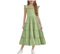 Girls Dresses Flutter Sleeve Kids Summer Cotton Casual A-Line Dress Girdle Tiered Swing Festive Dress Girls 3 5 7 9 11 13 Years Sleeveless Party Festive Dance High Waist A Line Princess Skater Sale