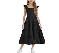 Girls Dresses Flutter Sleeve Kids Summer Cotton Casual A-Line Dress Girdle Tiered Swing Festive Dress Girls 3 5 7 9 11 13 Years Sleeveless Party Festive Dance High Waist A Line Princess Skater