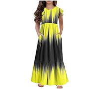 Girls Dresses Ruffle Sleeves Sundress Kids Summer Cotton Party Dress Plaid A-Line Maxi Dress Crew Neck Casual Loose Dress Holiday Beach Long Dress with Pockets for Girls 6-12 Years